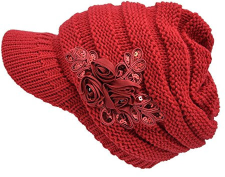 Tuopuda® Strickmütze mit Schild Winter Strickmütze Beanie Cap mit Blume (rot)