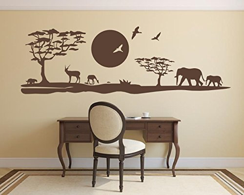 XXL Wandtattoo ~ Afrika, Savanne mit Tieren, Wüste, Elefanten ~ 600205-180x58 cm Wandaufkleber Wandtatoos Sticker Aufkleber für die Wand, Fensterbild, Tapetensticker, Türaufkleber, Tattoo aus Markenfolie in 32 Farbe