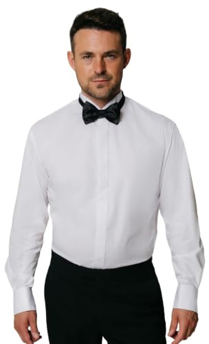Dobell Mens White Tuxedo Dress Shirt Regular Fit Wing Collar Double Cuff Plain Fly Front