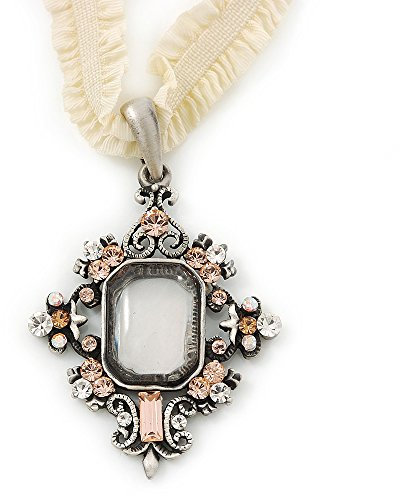 Avalaya Victorian Style Filigree Clear, Champagne Crystal Pendant With Milky White Stretch Ribbon Choker Necklace In Burn Silver - 28cm Length/ 5cm Extension