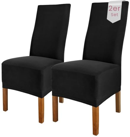 Scheffler Home Stuhlhussen 2er Set Schwarz Jersey Baumwolle Emma | Waschbare Stuhlbezüge, Stretch Chair Cover für Hochlehner, Polsterstühle und Esszimmerstühle, Öko-Tex zertifiziert