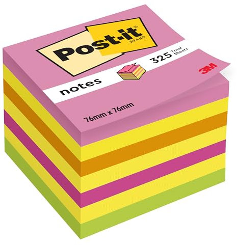 Post-it Sticky Notes Cube Neon Rainbow Collection, Pack of 1 Pad, of 325 Sheets, 76 mm x 76 mm, Pink, Yellow, Orange, Green Colors - Self-Stick Notes for Note Taking, to Do Lists & Reminders