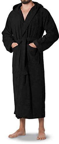 OAHOO Damen und Herren Frottee Bademantel mit Kapuze (1 Stück) Extra-langer Schnitt - Schwarz L