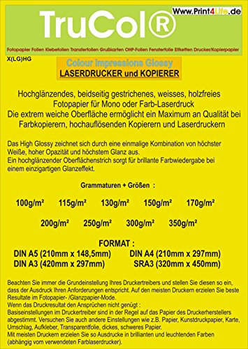 Beidseitig 250 Blatt Fotopapier Colour Laser DIN A4 115g /m² doppelseitig hochglänzend (High Glossy) Einzigartigem Glanzeffekt mit hoher Weiße + Glätte für Farblaserdrucker Farbkopierer Laserdrucker KopiererBeidseitig