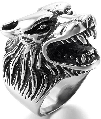 MunkiMix Edelstahl Ring Silber Ton Schwarz Wolf Kopf Größe 54 (17.2) Herren