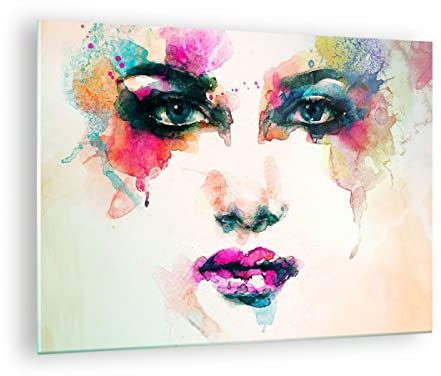 Moderne Impression sur Verre Femme Visage cosmétiques Image Tableau en Verre Decoration Murale 70x50cm Deco Cadre Salon Chambre Cuisine Horizontal Petit Tableaux Decoratifs Muraux Art GAA70x50-3050