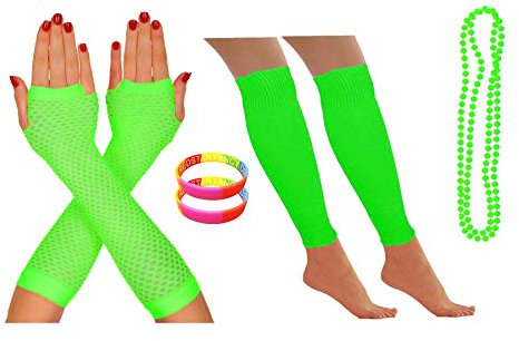 NEON FISHNET GLOVES, LEG WARMERS, NECKLACE BEADS AND NEON WRISTBAND HEN PARTY FANCY DRESS (Green)