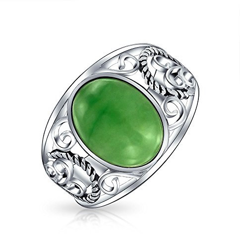 Boho Bali Oval Cabochon Gefärbte Grüne Jade Seil Scroll Filigree Erklärung Band Ring Für Frauen .925 Sterling Silber August Birthstone