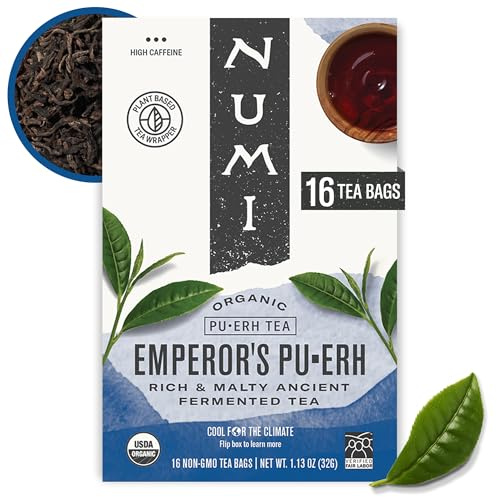 Numi Organic Emperor's Pu-erh Tea, 16 Dark Tea Bags, Aged Fermented Yunnan Black Tea, Caffeinated