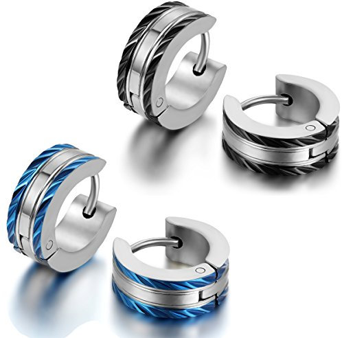 JewelryWe Schmuck 2 Paare Herren-Ohrringe, Edelstahl Creolen Gestüt Ohrstecker, Blau Schwarz Silber