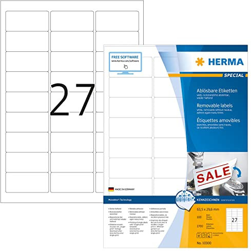 HERMA 10300 Universal Etiketten ablösbar, 100 Blatt, 63,5 x 29,6 mm, 27 pro A4 Bogen, 2700 Stück, selbstklebend, bedruckbar, matt, blanko Papier Klebeetiketten Aufkleber, weiß