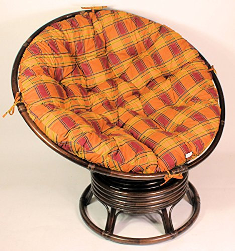 Rattan Papasan Drehsessel inkl. hochwertigen Polster gelb kariert, D 110 cm, Fb. darbbrown