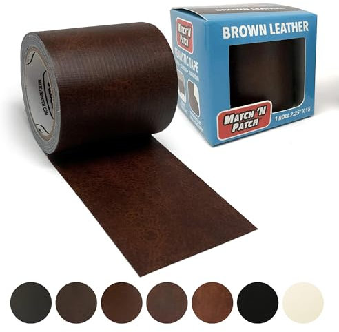 MATCH 'N PATCH Leather Repair Tape - Realistic Printed Leather Pattern for Vinyl, & Synthetic Repairs, Conceal Rips, Scratches, and Tears, for Furniture Fix, Crafts, & DIY - 15 ft x 2.25 Roll, Brown