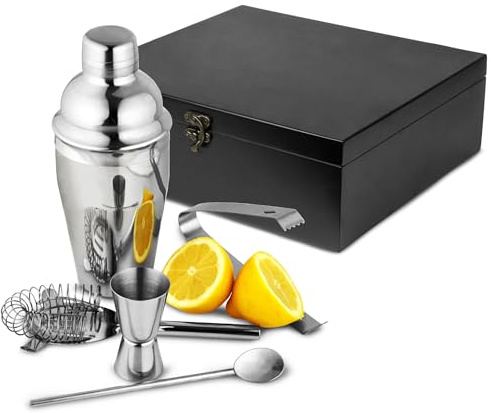 bar@drinkstuff Manhattan Nights Cocktail Gift Set in Wooden Gift Box Cocktail Shaker, Cocktail Strainer, Jigger Measure, Drinks Stirrer, Ice Tongs
