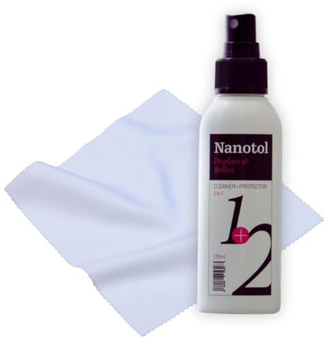 Brillenreiniger Spray mit Nanoversiegelung - mit Mikrofaser Brillenputztuch - Nanotol Displays + Brillen 1+2 | 125 ml