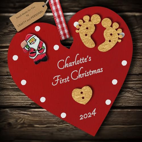 Multi-Colour Personalised Baby's First 1st Christmas Bauble tree decoration wooden heart hanging ornament keepsake gift for boy or girl (Deep Red #3)