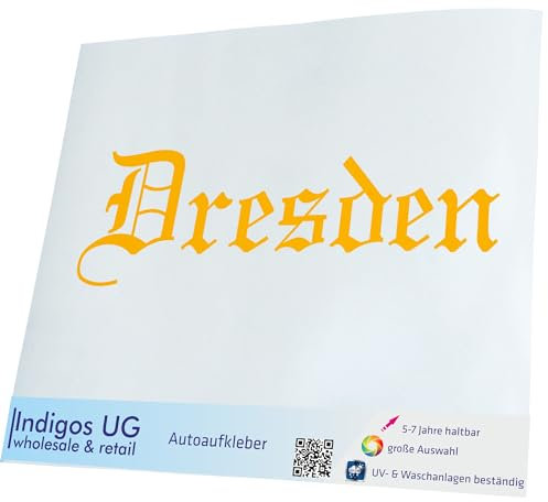 INDIGOS UG Auto Aufkleber Auto - 200x60 mm - Stadt Dresden - gelb - Selbstklebender Sticker für Auto, Fenster, Bus oder LKW - UV-beständig & wetterfest