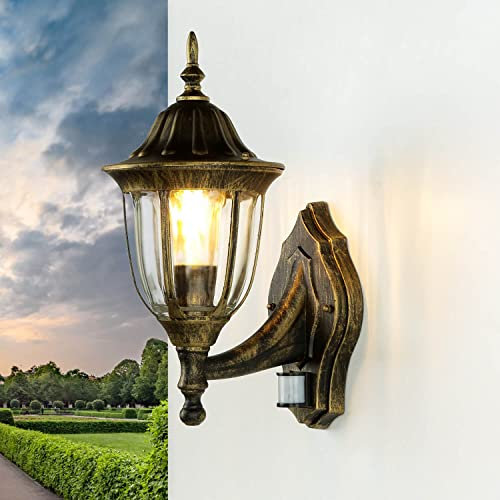 Licht-Erlebnisse Außenwandleuchte mit Bewegungsmelder Aluminium Glas in Gold Antik IP44 Terrasse Garten H:37,5 cm E27 Laterne Wandlampe Outdoor MILANO
