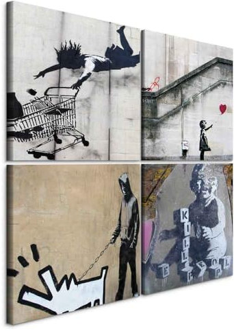 murando - Wandbilder Set Banksy 60x60 cm 4 Teilig je 30x30 Vlies Leinwandbild Kunstdruck modern Wandbilder XXL Wanddekoration Design Wand Bild mehrteilig - Street Art Graffiti 020115-7