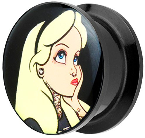 Piersando Ohr Plug Piercing Kunststoff Motiv Comic Picture Flesh Tunnel Ohrplug mit Blondes Mädchen Alice Schwarz Gelb 10mm