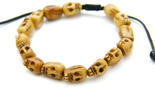 agathe création - Bracelet tibetain Porte Bonheur - tête de Mort en os de Yak - Beige - Fait Main