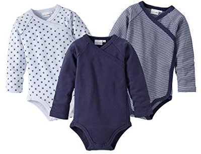 Bornino Wickelbody Basics, 3er-Pack, Baby, Body, Langarm, Baumwolle, Uni - Allover-Print - Ringel