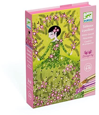 DJECO Kit Tableaux à Pailletter - 6 à 10 ans - Design Robes, Stimule la Créativité - Activité Sans Désordre - Contient 4 Cartes, 6 Couleurs, 1 Boîte, 1 Pinceau et 1 Notice