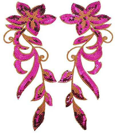 (Pack of 2) Dancing Orchid Flowers Embroidered Iron on Patches Sequin Appliques for Neckline Clothing Garment Embellishment(Rose)