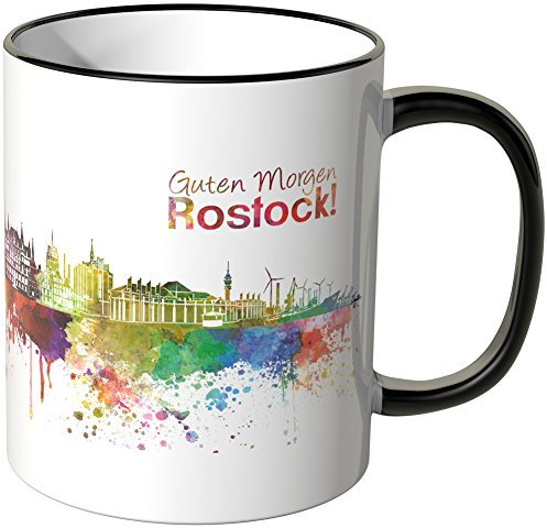 WANDKINGS® Tasse, Schriftzug Guten Morgen Rostock! mit Skyline - SCHWARZ