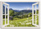 ARTLAND Wanddeko Leinwand Bilder Wandbild Fensterblick Fenster Alpen Landschaft Berge Wald Gebirge Wiese Natur T5TQ