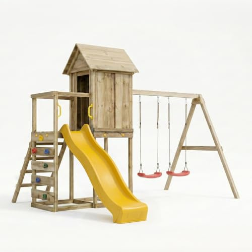 Maisonnette surélevée en bois pour enfants Maxplay 5 avec toboggan 2,2 m, double balançoire et mur d'escalade – Aire de jeux de jardin avec tour et sable, 368 x 370 x 262 cm, bois Imprégné Autoclave