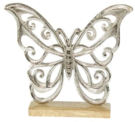 Deko Figur Schmetterling 25 x 20 cm, Mango Holz massiv Natur braun Metall Alu Silber, Dekoherz Herzaufsteller Herzdeko zum Stellen