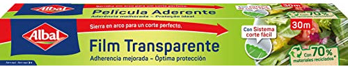 Albal Film transparente autoadherente - Papel film alimentario de corte fácil, papel de cocina transparente extra ancho para todo tipo de recipientes, con 70% materiales reciclados, 30 m x 32,5 cm