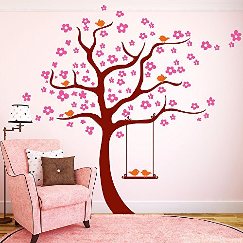 Wandtattoo Loft Blumen Baum mit Blüten und Vögeln- Wandtattoo (3farbig) / 49 Farben / 3 Größen/IHRE FARBWÜNSCHE TEILEN SIE UNS BITTE PER NACHRICHT ODER E-MAIL MIT!!! / azurblau / 1,26 x 1,28 m