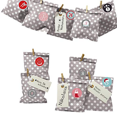 Frau WUNDERVoll® DIY Adventskalender zum Befüllen Bescherung: Set Punkt 156, Papiertueten flach 13x16,5cm, Taupe Punkt, Ziffern bunt