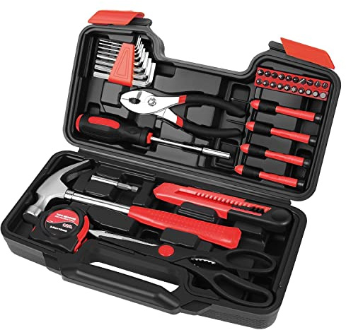 Flexzion Handwerkzeug Set & Zubehör für allgemeine Heimwerker Hausbesitzer Reparaturen im Haushalt mit Kunststoff Werkzeugkasten Aufbewahrungs Organizer Koffer – Rot & Schwarz