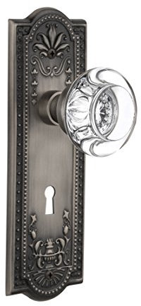 Nostalgic Warehouse Meadows Plate with Keyhole Round Clear Crystal Glass Knob, Mortise - 2.25, Antique Pewter