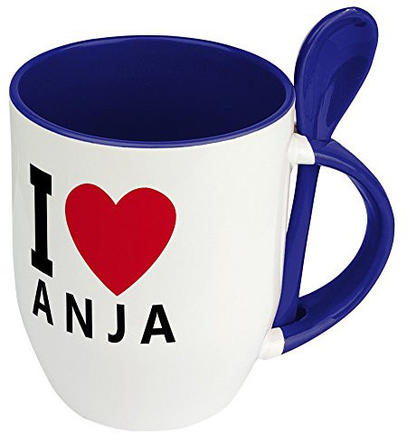 Namenstasse Anja - Löffel-Tasse mit Namens-Motiv I Love Anja - Becher, Kaffeetasse, Kaffeebecher, Mug - Blau