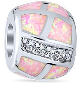 Bling Jewelry Perle De Breloque Géométrique En CZ Rose Avec Opale Créée Pour Femmes .925 Argent Sterling Pour Bracelet Européen Pierre De Naissance D'Octobre