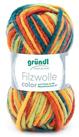 Gründl Wolle Filzwolle Color zum Stricken und Filzen - Wolle zum Stricken aus 100% Schurwolle - 1 x 50 g - blaugrün-Ocker-rotorange Multicolor
