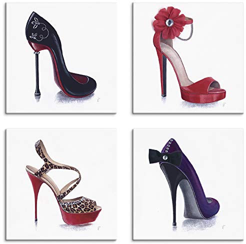 ARTLAND Wanddeko Leinwand Bilder Set 4tlg. je 40x40 cm Quadratisch Wandbilder Mode Schuhe High Heels Stiletto K2TU