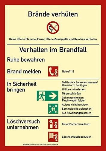 Schild Aushang Brandschutzordnung ohne Brandmelder | Verhalten im Brandfall | langnachleuchtend | PVC 29,7 x 21 cm | DIN EN ISO 7010 | Verhaltensregel Betriebsaushang Hinweisschild Brandschutz