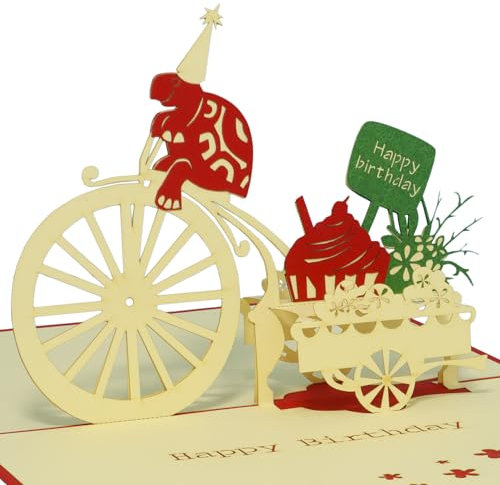 LINPOPUP® 3D Pop-Up Karte Geburtstag, Geburtstagskarte mit Umschlag, Happy Birthday - Gutscheinkarte zum Geburtstag, Geschenk für Freunde, Mann, Frau, Kollegen, Schildkröte Fahrrad, N9