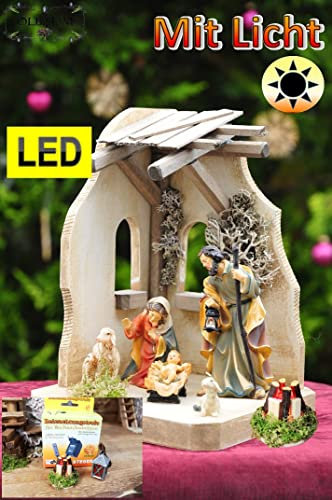 Oelbaum Weihnachtskrippe mit Licht-Beleuchtung (Trafo, Laterne, LED Lagerfeuer, Anschluß-Set), 14-TLG., komplett mit Krippenfiguren (6-TLG. Premium-Krippenfiguren), Krippenstall Weihnachten