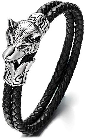 COOLSTEELANDBEYOND Tête de Loup - Bracelet en Cuir Entrelacé Hommes - Bracelet Homme Acier Inoxydable