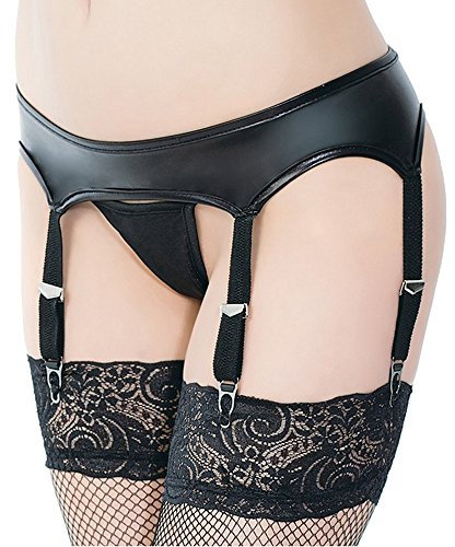 lau-fashion Damen Lack Leder Strapse Halter Strumpfgürtel Dessous Schwarz mit String Gogo S/XL Größe L/XL