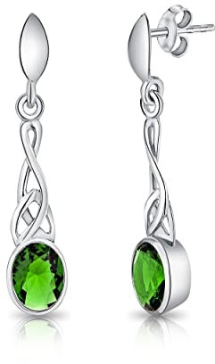 DTPsilver - Boucles d'oreilles Pendantes en Argent Fin 925 - Fermoir Poussette - Noeud de la Trinité Triquetra - Collection Celtique - Vert Émeraude