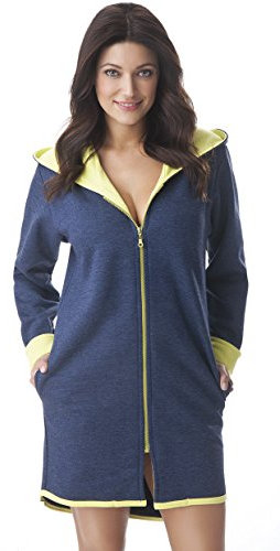 DOROTA kuscheliger und moderner Damen Baumwoll-Bademantel mit Taschen, Reißverschluss & Kapuze, made in EU, Marine-gelb, Gr. S (36)