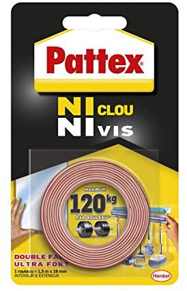 Pattex Ni Clou Ni Vis | Ruban adhésif double face ultra fort (rouleau de 1,5 m x 19 mm) – Adhésif de montage pour intérieur & extérieur – Maximum 120 kg par rouleau