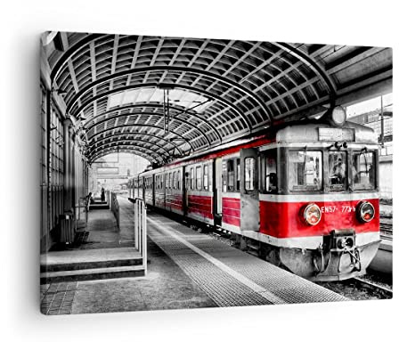 Bilder auf Leinwand 70x50cm Wandbild Schwarz-Weiß Autos - 2558 | Schiene Station Zug Klein Wanddekoration Wohnzimmer Schlafzimmer Küche Wanddeko Wand Kunstdruck Wandkunst Wall Decor ARTTOR